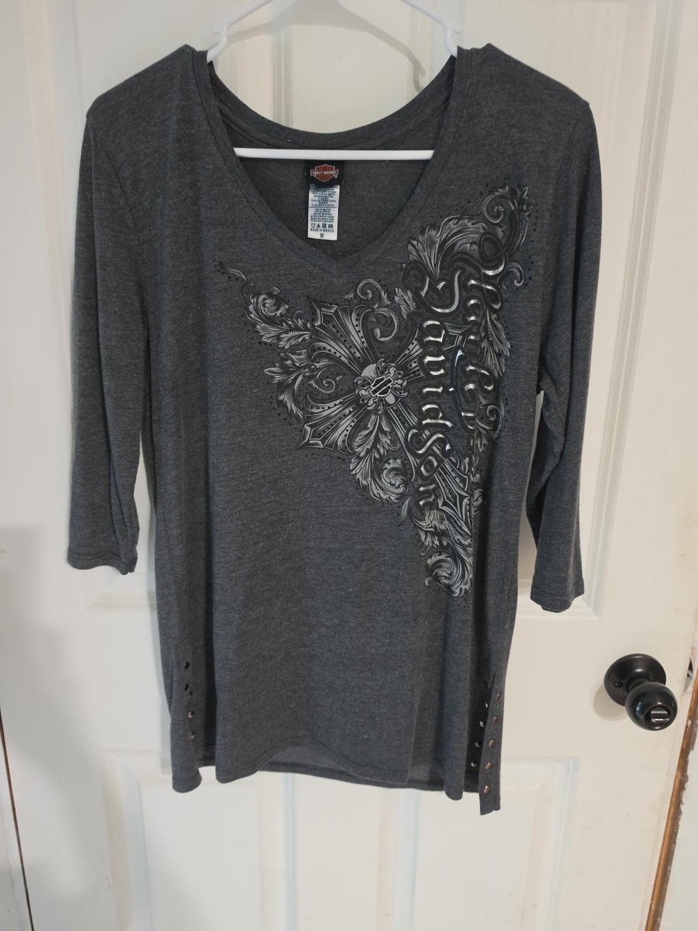 Harley-Davidson Women's Dark Gray V-Neck Graphic Long Sleeve Tee